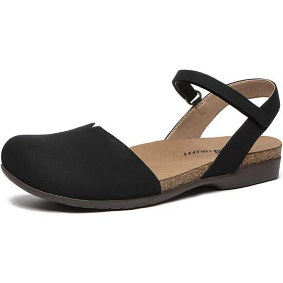 Womens Closed Toe Sandals Flat Cork Footbed Arch Support Ankle Strap Shoes - Picture 1 of 7